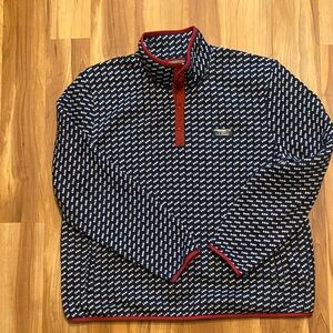 L.L. Bean Men's Navy and Red Patterned V-Neck Sweater
